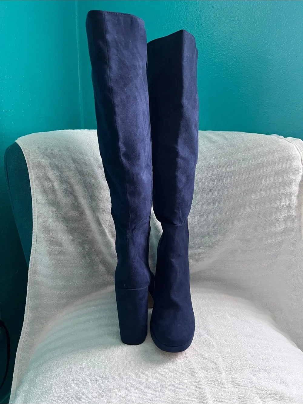 Women's Tall Navy Suede Block Heel Boots Size 10